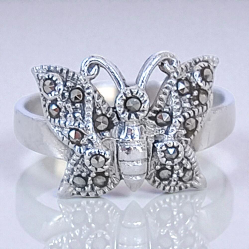 Sterling Silver 925 Butterfly Marcasite Ring Art Deco Vintage Size 7.75